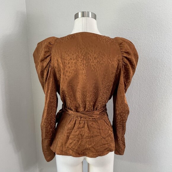 A.L.C. Blouse Womens 10 Brown Silk Wrap Top Puff Sleeve Peplum Jacquard Tie Belt - Picture 10 of 11